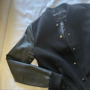 Black Varsity Jacket with Faux Leather Sleeves